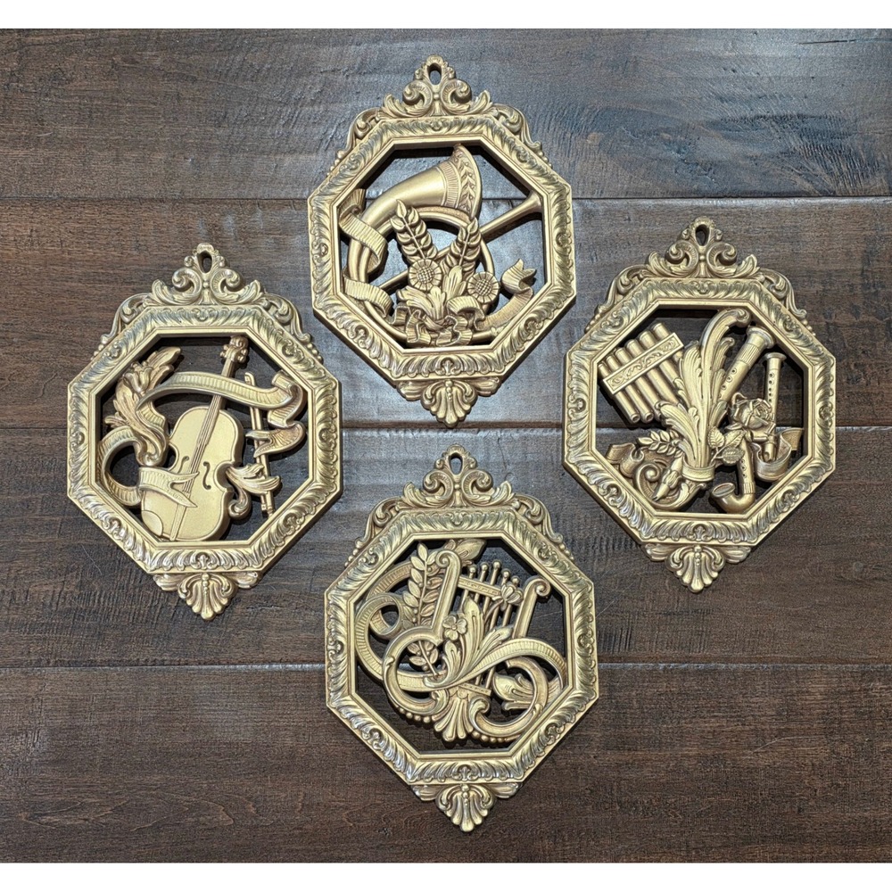VTG 70s Hollywood Regency MCM Dec Syroco Gold Musical Instrument Plaques Set 4